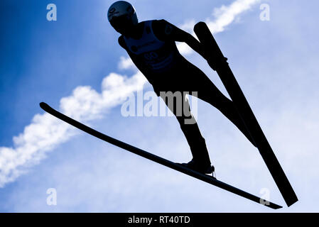 Seefeld, Austria, 26 febbraio. 2019. Ponticelli di sci stagliano durante la sede dei campionati del mondo di sci nordico. © Giovanni Lazenby/Alamy Live News. Foto Stock