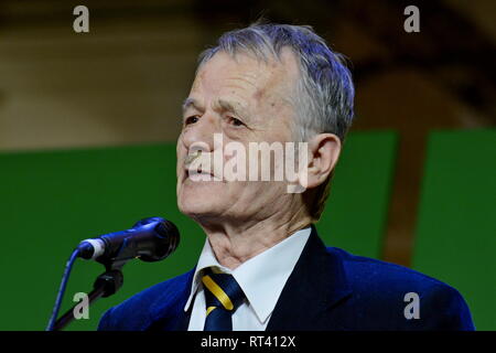 Kiev, Ucraina. 26 Febbraio, 2019. In Crimea ucraino Tatar candidato Mustafa Dzhemilev durante il forum "fantastiche storie di Crimea' dedicato al quinto anniversario dell'occupazione militare della Crimea da parte della Russia nel 2014. Credito: Aleksandr Gusev/Pacific Press/Alamy Live News Foto Stock