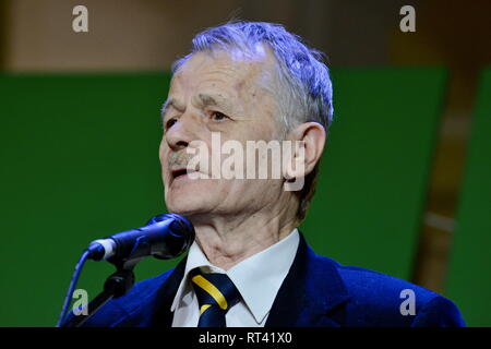 Kiev, Ucraina. 26 Febbraio, 2019. In Crimea ucraino Tatar candidato Mustafa Dzhemilev durante il forum "fantastiche storie di Crimea' dedicato al quinto anniversario dell'occupazione militare della Crimea da parte della Russia nel 2014. Credito: Aleksandr Gusev/Pacific Press/Alamy Live News Foto Stock