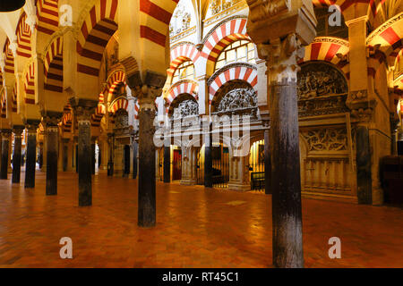 Portici nella Grande Sala della Cattedrale e ex grande moschea di Cordova, Spagna. Foto Stock