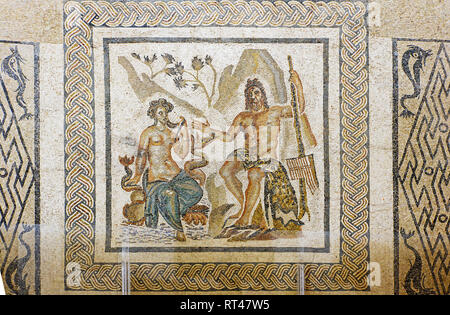 Mosaico romano di ritrarre Polifemo e Galatea di Alcazar dei Re Cristiani. Cordoba, Spagna. Foto Stock