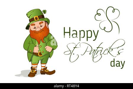Happy Saint Patricks giorno illustrazione. Disegnato a mano cgaracter Leprechaun con verde foglia di trifoglio. Illustrazione Vettoriale. Illustrazione Vettoriale