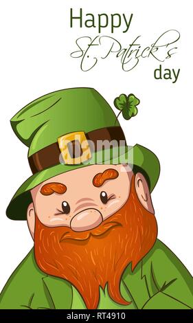 Happy Saint Patricks giorno illustrazione. Disegnato a mano cgaracter Leprechaun con verde foglia di trifoglio. Illustrazione Vettoriale. Illustrazione Vettoriale