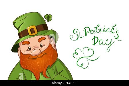 Happy Saint Patricks giorno illustrazione. Disegnato a mano cgaracter Leprechaun con verde foglia di trifoglio. Illustrazione Vettoriale. Illustrazione Vettoriale