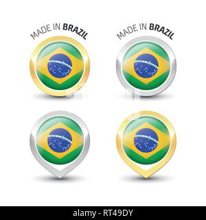 In Brasile - etichetta di garanzia con la bandiera brasiliana all'interno del turno oro e argento icone. Illustrazione Vettoriale