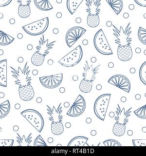 Modello senza cuciture con ananas, fettine di arancia e di anguria fette. La frutta tropicale. Estate sfondo. Illustrazione Vettoriale