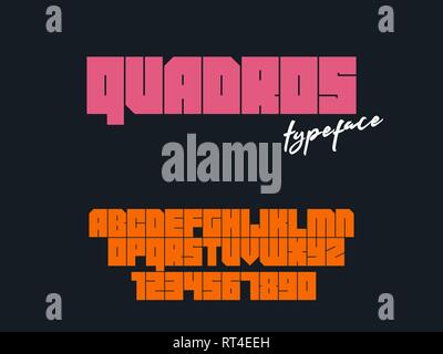 Vettore blocco quadrato font. Alfabeto latino lettere e numeri Illustrazione Vettoriale