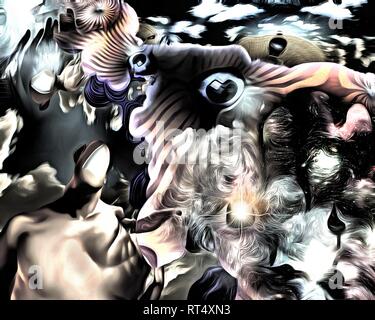 Complesso dipinto surreale. Big Eye dietro a toppa di chiave. Uomo di silhouette con porta aperta invece della faccia. La masterizzazione di occhio di Dio. Lancette di orologio Foto Stock