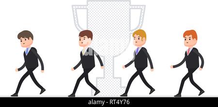 Eseguire imprenditori, manager di competere per la leadership, vincere una coppa da parte dei concorrenti, i caratteri piccoli in uno stile piatto Illustrazione Vettoriale