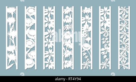 Echinacea, Camomilla, schefler, nobile hepatica, zephyrantes, stokesia. Pannelli con motivo floreale. Fiori e foglie. Taglio Laser. Set di segnalibri tem Illustrazione Vettoriale