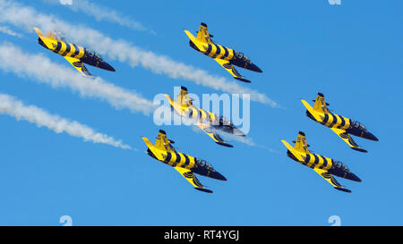 Sei L-39C del Baltico api aerobatic team effettuando in corrispondenza di un'esibizione aerea in Iran. Foto Stock