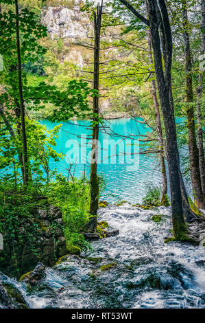 Numerose cascate di uno dei più straordinari laghi di Plitvice, Croazia. Una vera vergine e meraviglioso pezzo di natura. Foto Stock