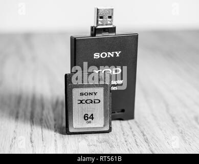 Parigi, Francia - Mar 26, 2017: Nuova XQD dati della scheda di memoria e lettore di Sony utilizzato in Nikon e Sony video foto prodotti per alta velocità di storage di contenuti Foto Stock