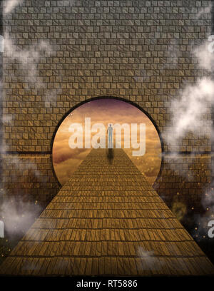 Pittura surreale. La figura di uomo a camminare sulla strada di pietra in un altro mondo. Foto Stock