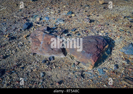 Il minerale di ferro si trova sulla superficie della terra nei pressi di un deposito nei monti Urali Foto Stock