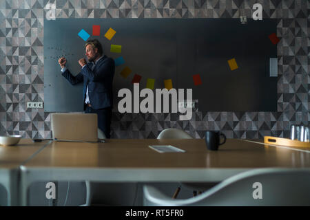 Imprenditore in piedi nella parte anteriore della parete di magnete con un colorato copricapo, realizzato da sticky notes, rumoreggianti Foto Stock