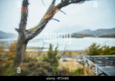 Il Cile, Torres del Paine, lago grigio, vista dalla finestra con le gocce di pioggia Foto Stock