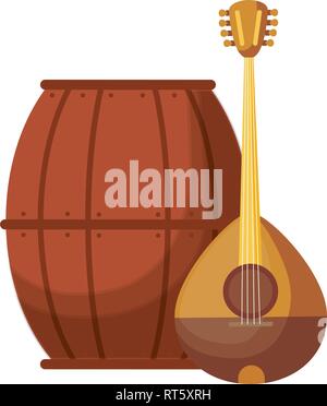 La birra Barile di legno e il mandolino illustrazione vettoriale design Illustrazione Vettoriale