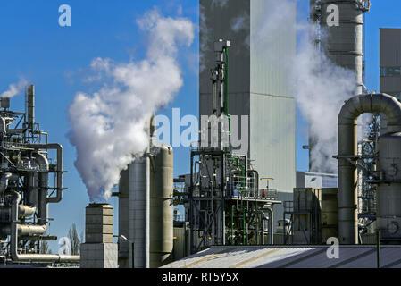 Il fumo proveniente da camini a industrial estate mostra BASF produzione chimica sito nel porto di Anversa, Belgio Foto Stock