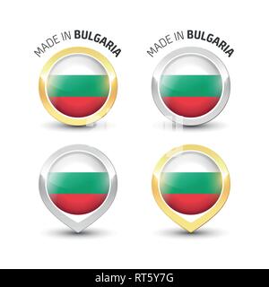 Realizzati in Bulgaria - etichetta di garanzia con la bandiera bulgara all'interno del turno oro e argento icone. Illustrazione Vettoriale