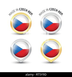 Realizzato in Repubblica ceca - etichetta di garanzia con la bandiera Ceca all'interno del turno oro e argento icone. Illustrazione Vettoriale