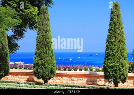 Bellissimi cipressi e fiori nei giardini Bahai affacciato sul mar Mediterraneo, Haifa, Israele Foto Stock