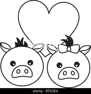 Carino coppia suini amore cuore Illustrazione Vettoriale