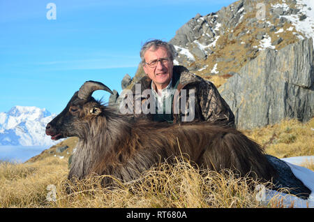 Il cacciatore di successo con il introdotto Himalayana, capra o il Tahr, (Hemitragus jemlahicus), Sud Westland, South Island, in Nuova Zelanda, con Mount Cook in Foto Stock