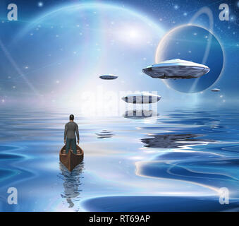 Exosolar pianeti salire su acque tranquille. Uomo in barca. Il rendering 3D Foto Stock