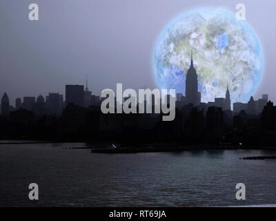 La città di New York. Terraformato Luna Rise. Il rendering 3D Foto Stock