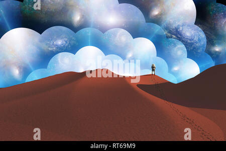 Spaceman sul pianeta rosso. Spazi multistrato nel cielo Foto Stock