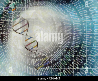 Arte moderna. Catena di DNA all'interno del tunnel del codice binario. Foto Stock