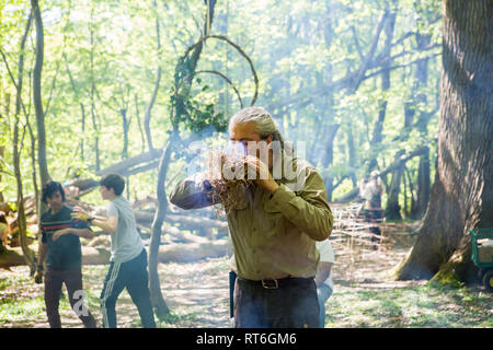 Incendio delle competenze a Beltane Fire Festival, Sussex, Regno Unito Foto Stock