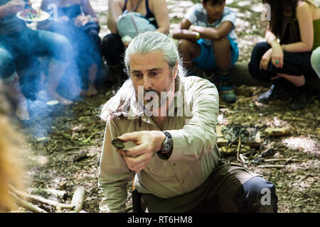 Incendio delle competenze a Beltane Fire Festival, Sussex, Regno Unito Foto Stock