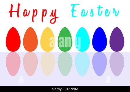 Set di uova di pasqua su uno sfondo bianco. Uova colorate con le ombre. Sette uova dipinte in sette colori dell'arcobaleno. Iscrizione buona Pasqua. Eas Illustrazione Vettoriale