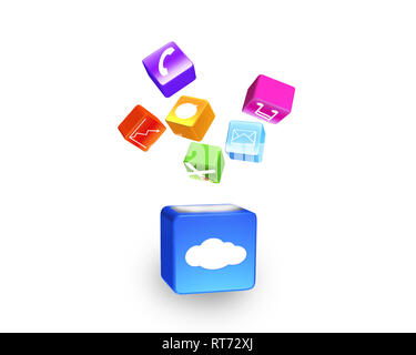 Il Cloud casella colorata illumina le icone delle app floating isolati su sfondo bianco Foto Stock