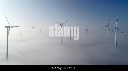 27 febbraio 2019, Brandeburgo, Jacobsdorf: turbine eoliche nel parco eolico 'Odervorland' nel quartiere Oder-Spree sembrano essere in piedi nella nebbia mattutina sopra le nuvole (fotografia aerea con un drone). Foto: Patrick Pleul/dpa-Zentralbild/ZB Foto Stock