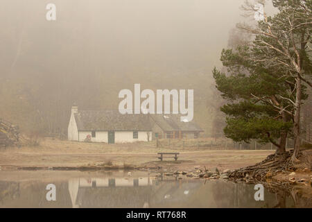 Aviemore, Highlands scozzesi, Scozia. Regno Unito: Meteo Temperature durante la notte sono tornati al loro normale per questo periodo dell'anno con un pernottamento al gelo e il congelamento di nebbia in Cairngorms, Aviemore, Scozia. Nebbia di congelamento sul Loch un Eilein e il Rothiemurchus Station wagon e la foresta come il sole tenta di rompere attraverso il centro visitatori Foto Stock