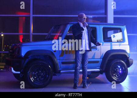 Gdansk, Polonia Febbraio 27th, 2019 Nuovo modello della Suzuki Jimny auto presentazione durante la Suzuki Jimmy Road Show. La vettura è stata presentata nel motore Centrum azienda la Mitsubishi e Suzuki concessionaria auto in Gdansk. Jimmy è uno dei più popolari sul modello del Suzuki Motors in Polonia. © Vadim Pacajev / Alamy Live News Foto Stock