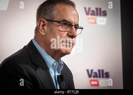 Barcellona, Spagna. Il 28 febbraio 2019. Celestino Corbacho è visto durante la presentazione come numero tre sulla lista elettorale Barcellona, capitale europea guidata da Valls. Manuel Valls, candidato per il sindaco di Barcellona e leader della piattaforma Barcelona, Capitale Europea ha presentato il numero tre della sua lista elettorale, Celestino Corbacho ex sindaco di Hospitalet ed ex ministro del Lavoro e degli affari sociali con il presidente socialista José Luis Rodríguez Zapatero . Credito: SOPA Immagini limitata/Alamy Live News Foto Stock