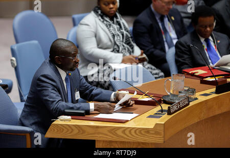 (190228) -- Nazioni Unite, febbraio 28, 2019 (Xinhua) -- Joao Ribeiro Butiam Co (anteriore), il ministro degli Esteri della Guinea Bissau, gli indirizzi del Consiglio di Sicurezza delle Nazioni Unite sulla riunione delle Nazioni Unite integrato Ufficio pace in Guinea Bissau (UNIOGBIS) presso la sede delle Nazioni Unite a New York, il 28 febbraio, 2019. Il Consiglio di sicurezza il giovedì ha adottato una risoluzione di rinnovare per un anno il mandato delle Nazioni Unite integrato Ufficio pace in Guinea Bissau (UNIOGBIS). (Xinhua/Li Muzi) Credito: Xinhua/Alamy Live News Foto Stock