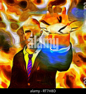 Surreale pittura ad olio. Uomo in tuta controlla il tempo. Foto Stock