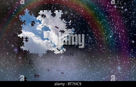 I pezzi del puzzle cadono dal cielo notturno rivelando giorno con rainbow Foto Stock