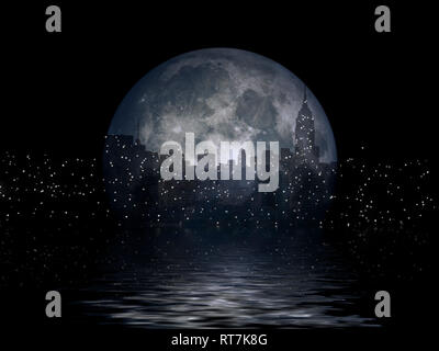 New York City silhouettes riflette in la luna. Il rendering 3D Foto Stock