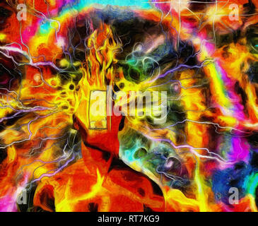 Pittura surreale. Burning Man la testa con sportello aperto invece della faccia e fulmini. Foto Stock