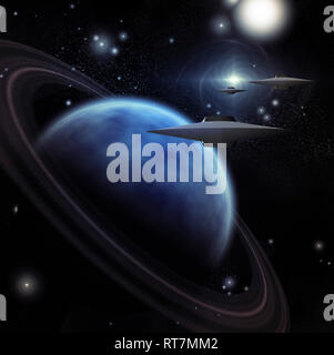 Navicelle spaziali nello spazio vicino a inanellare planet Foto Stock
