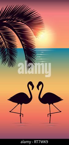 Due fenicotteri e Palm tree silhouette sulla pittoresca spiaggia al tramonto illustrazione vettoriale EPS10 Illustrazione Vettoriale