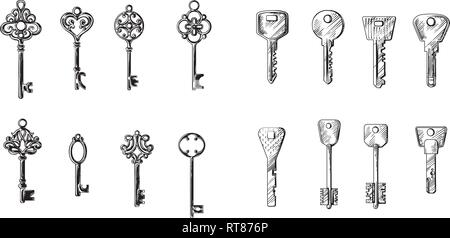 Bozzetto disegnato a mano collezione di chiavi da diversi stili moderno e antico vintage illustrazione vettoriale Illustrazione Vettoriale
