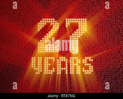 Numero aureo ventisette anni (numero 27 anni) font tratteggiata, vista dall'alto, con i raggi di luce. 3D render Foto Stock