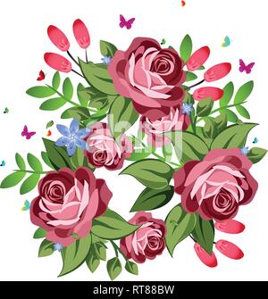 Bouquet di rosa e rosso rosa su sfondo bianco. Illustrazione Vettoriale